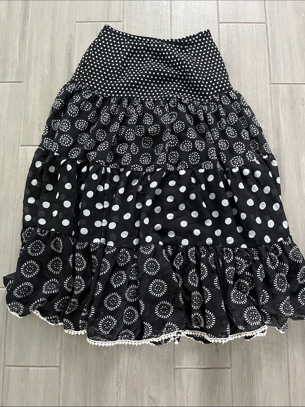 Black & White Mixed-Print Tiered A-Line Skirt